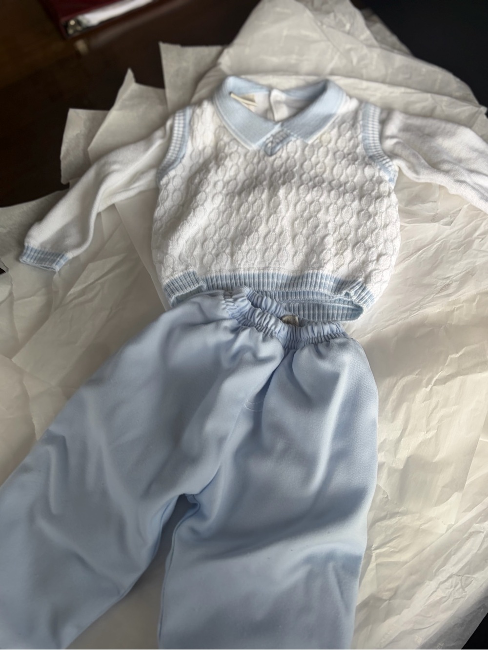 British designer Classic Baby Blue & White Knit Matching Set
